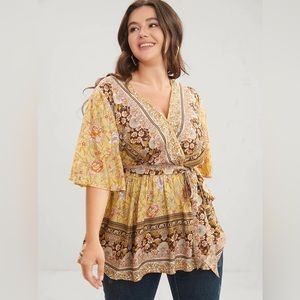 Floral Print Ruffles Belted Wrap Blouse